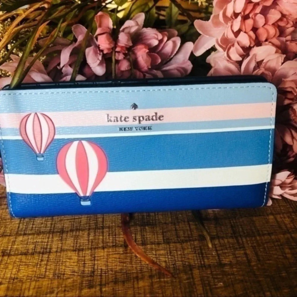 Kate Spade Hot Air Balloon Snap Wallet Blue Stripe Zip Around Card Holder NWT